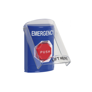 Botón de Emergencia con Bocina de Advertencia Integrada, Texto en Inglés, Tapa Protectora de Policarbonato Súper Resistente, Restablecimiento con Llave